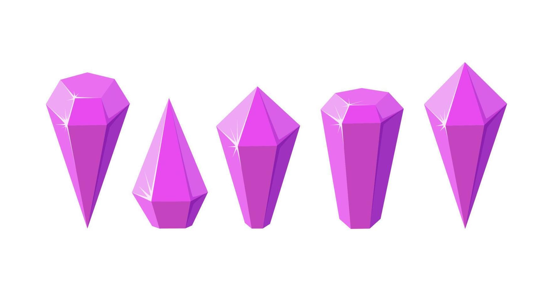 Pink crystal stones like amethyst quartz. Set of geometric gems or glass crystals. Vector illustration