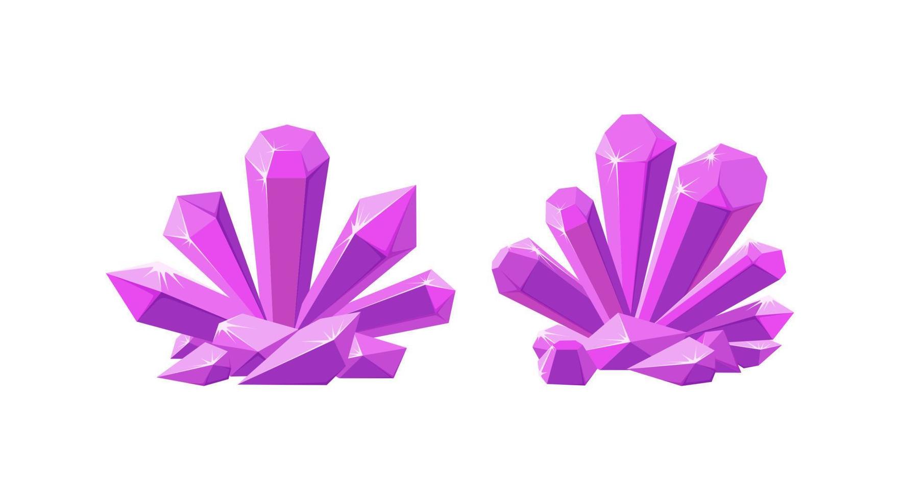 Pink crystals or gemstones for game design. Shining amethyst crystal isolated in white background. Vector illustration