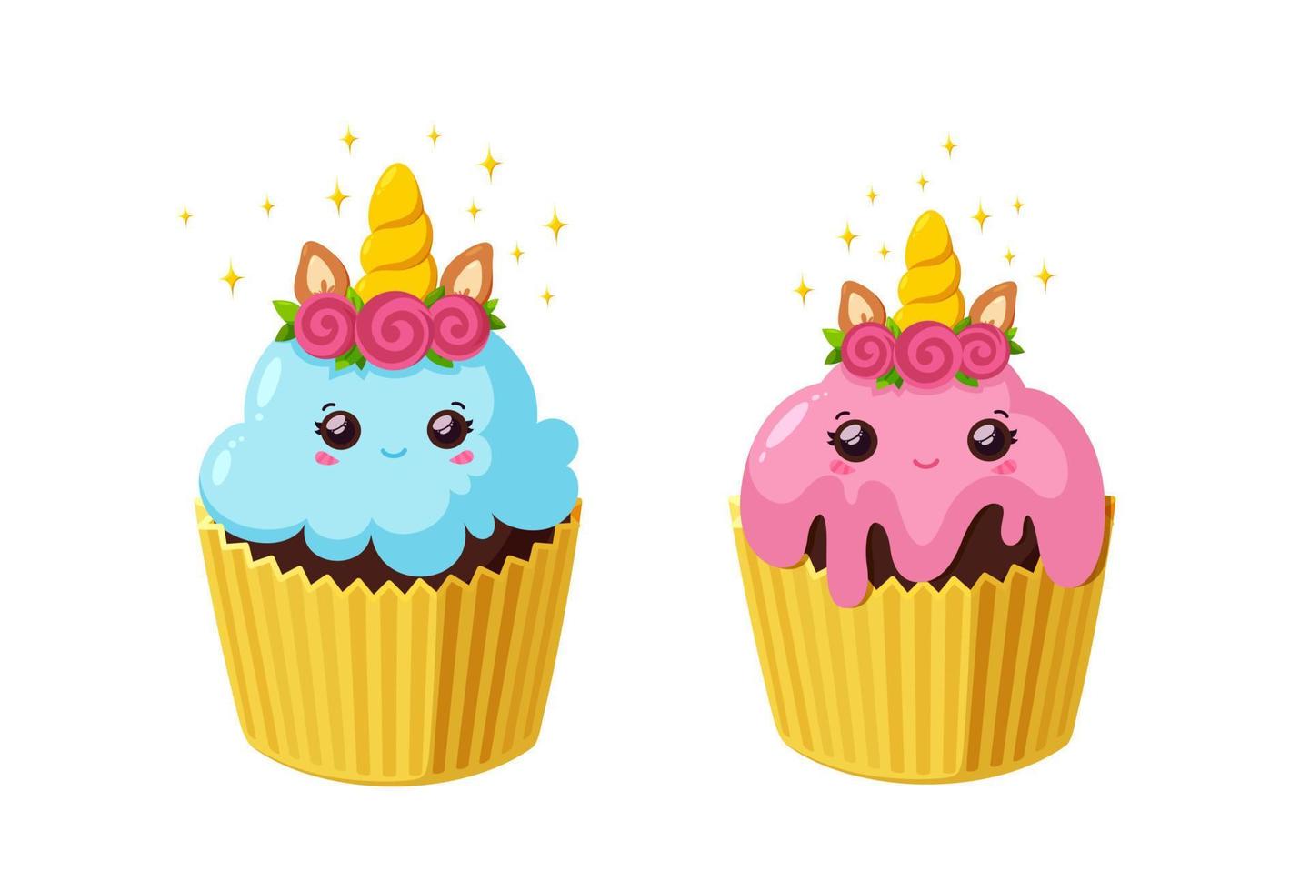 Unicorn cupcakes with icing. Kawaii fairy cakes in paper cup. Tasty desserts with horn and eyes. Vector illustration in cartoon style