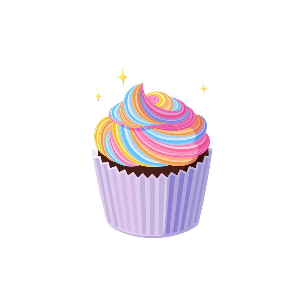 Cupcakes with swirled rainbow icing. Tasty muffin with colorful cream. Vector illustration