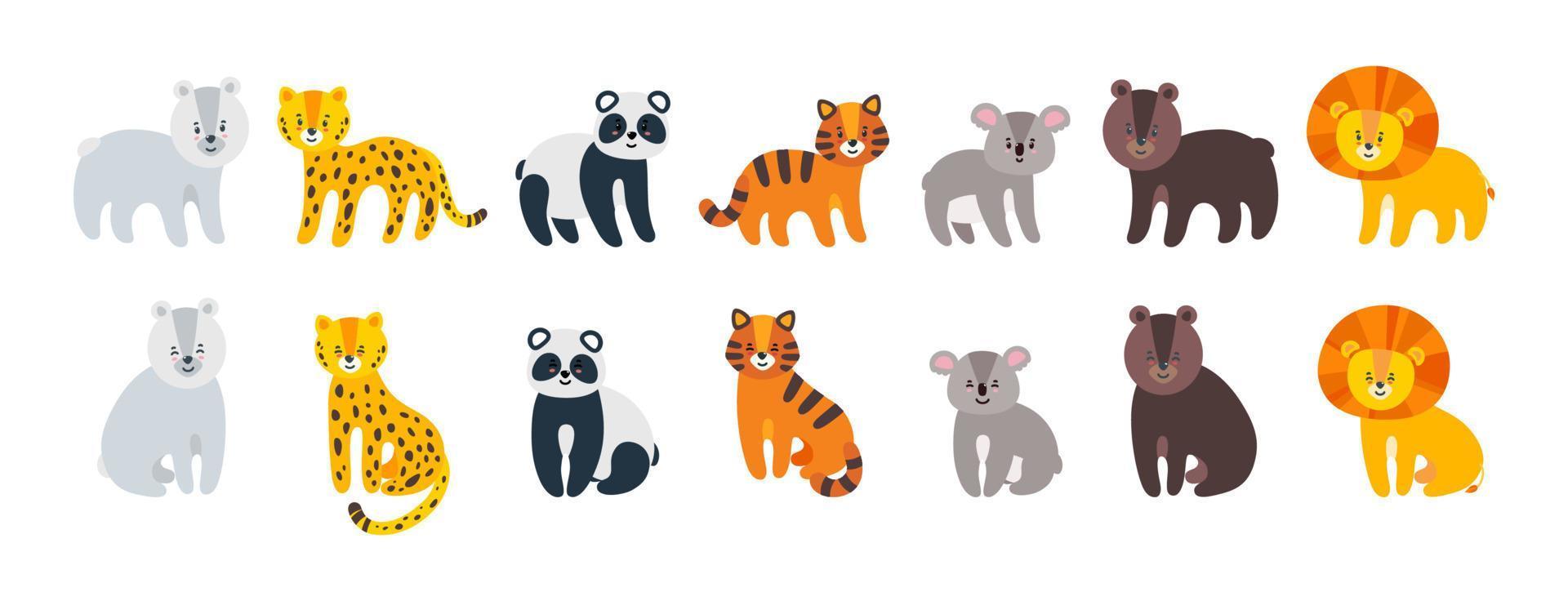 Wild amimals set. Leopard, lion, tiger, bear, panda and koala isolated in white background. Vector illustration in flat style