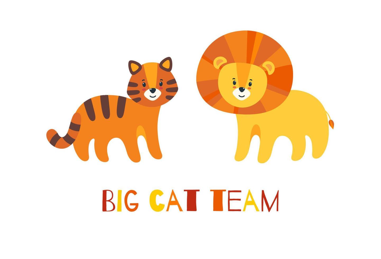 Big cats pride. Lion and tiger standing next to each other. Vector illustration