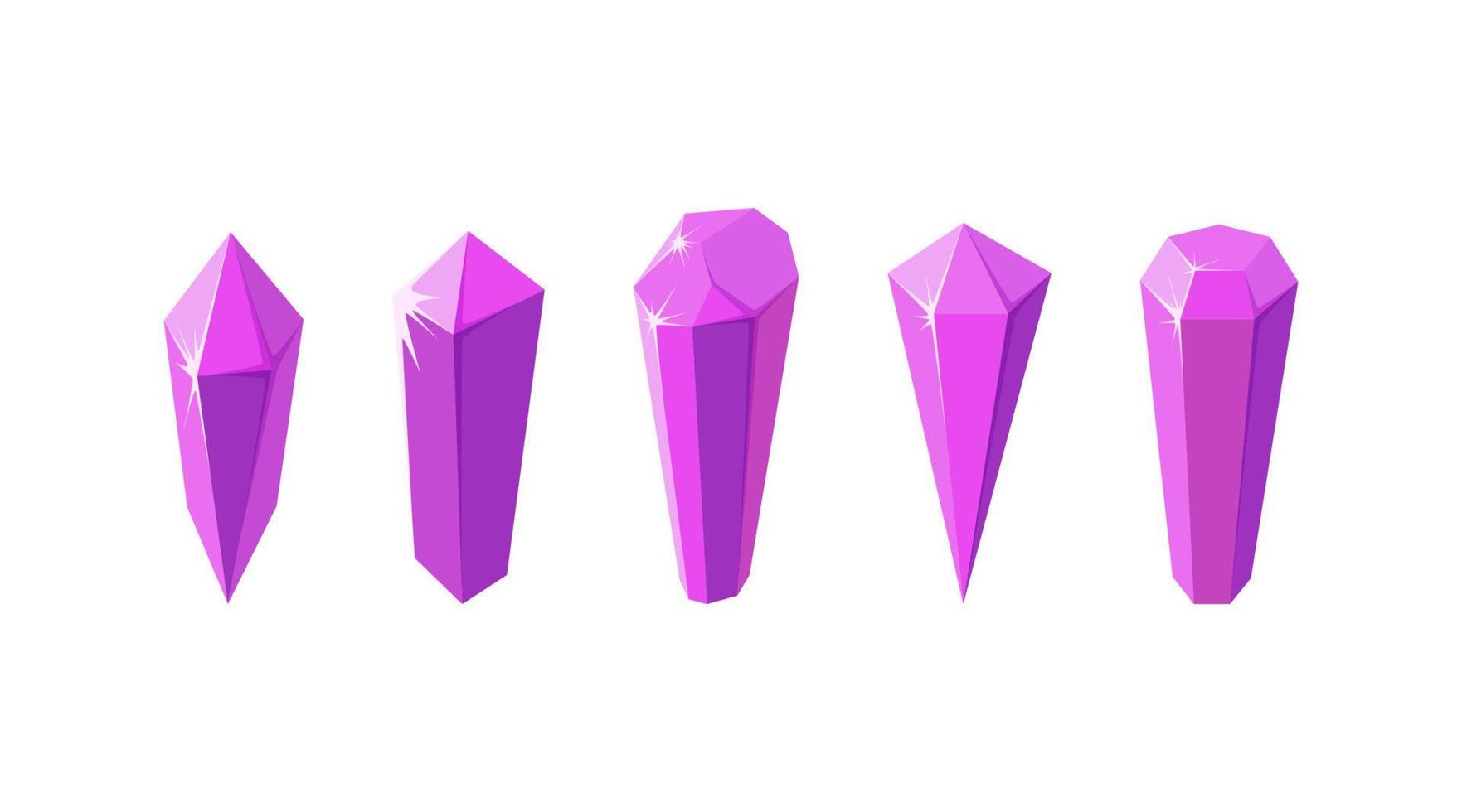 Pink crystal stones like amethyst quartz. Set of gems or glass crystals. Vector illustration