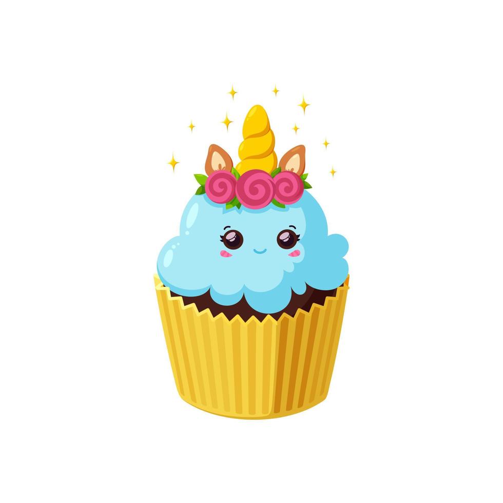 cupcake de unicornio con glaseado azul. muffin kawaii de hadas en vaso de papel. sabroso postre con cuerno y orejas. ilustración vectorial en estilo de dibujos animados lindo vector