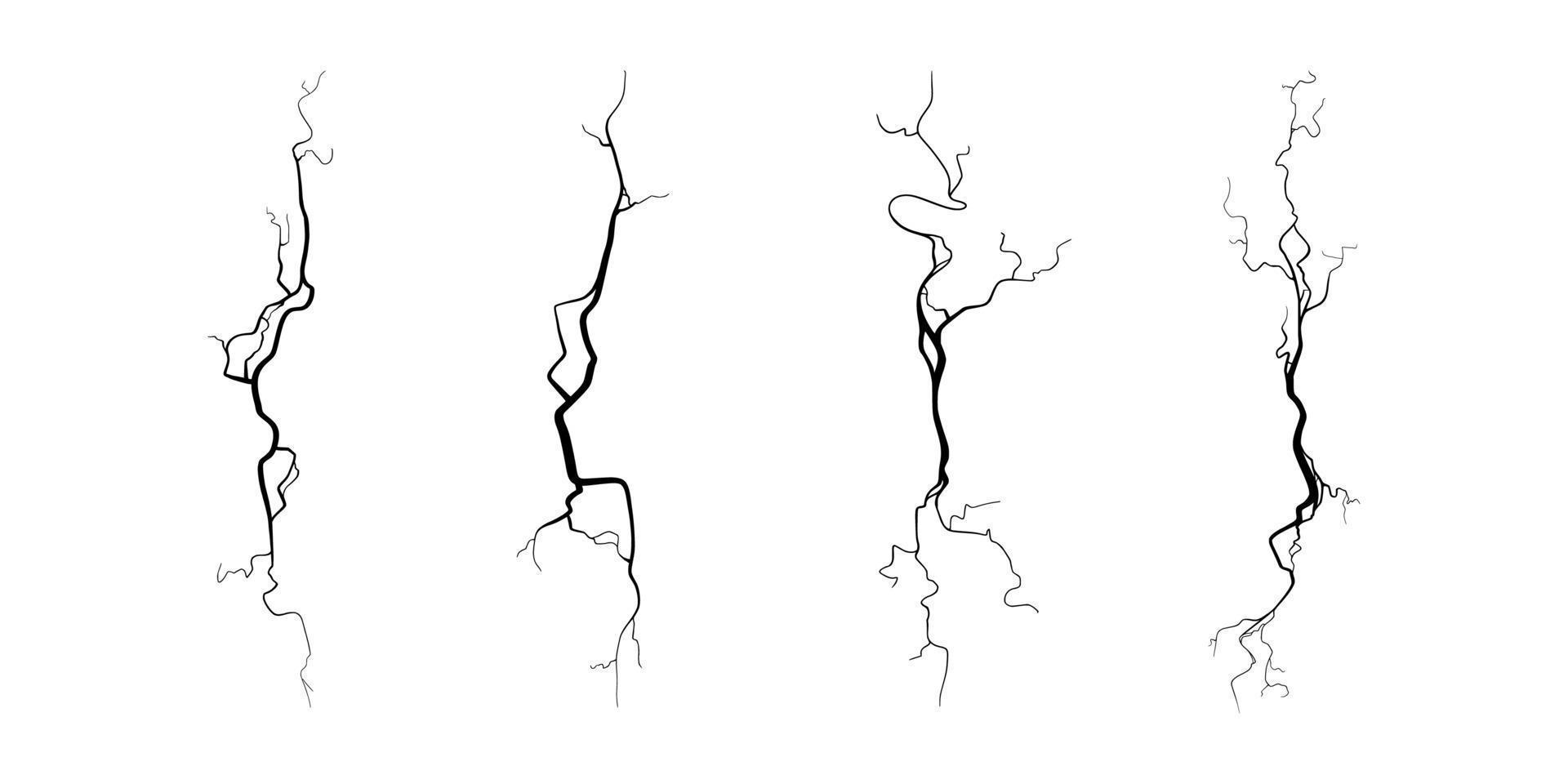 Crack on concrete or ground due to aging or drought. Set of fissures isolated in white background. Vector illustration