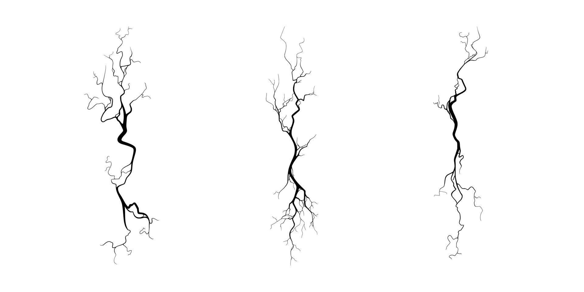 Crack on concrete or ground due to aging or drought. Set of fissures isolated in white background. Vector illustration