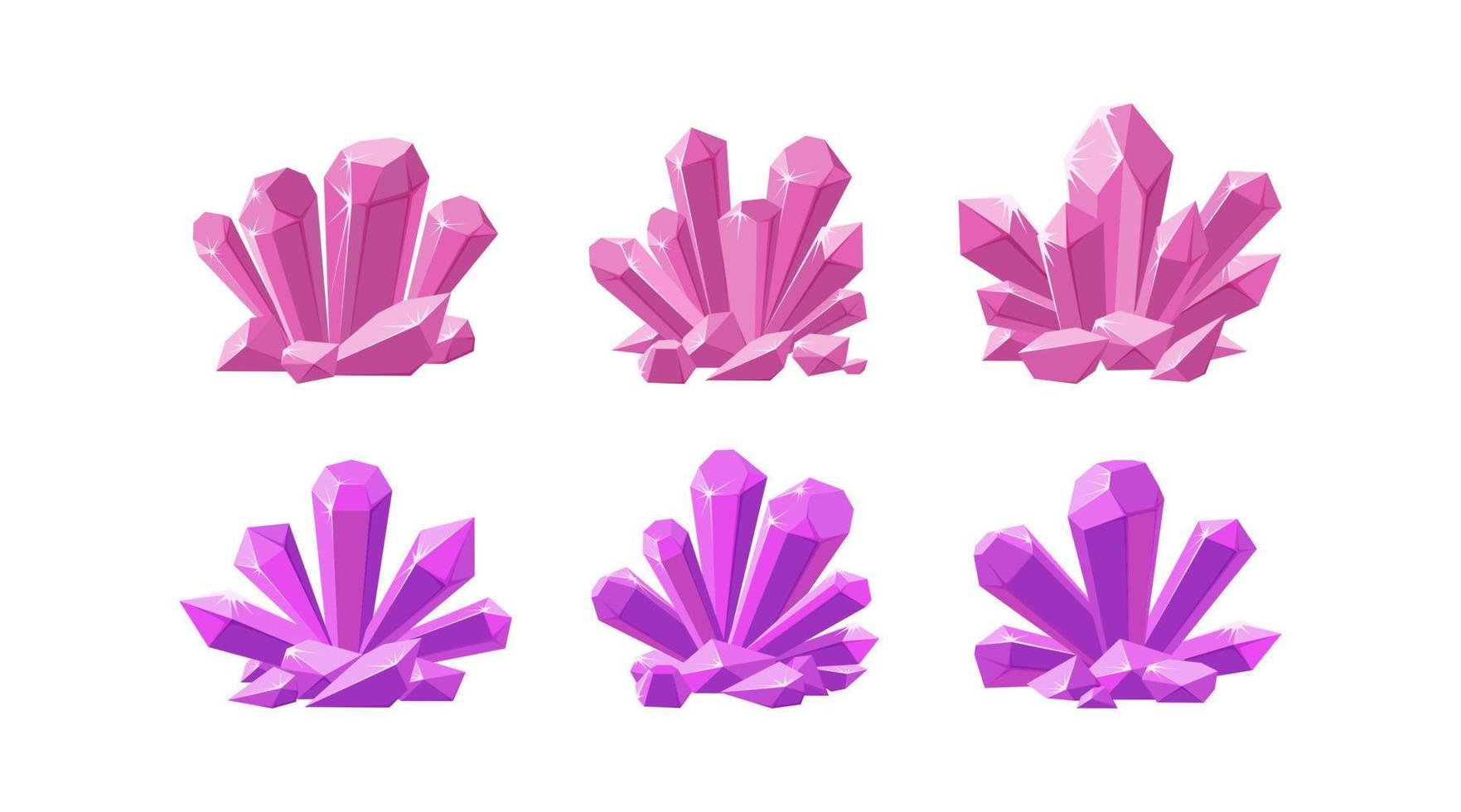 Pink crystals and prescious gemstones. Set of shining crystals for jewellery with magic sparkles isolated in white background. Vector illustration
