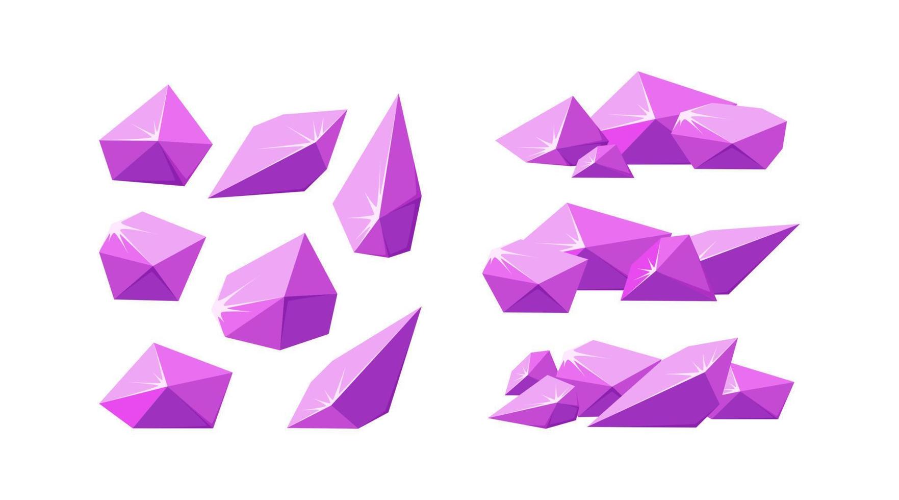 Crystals broken into pieces. Set of smashed pink crystals. Broken amethyst gemstones for rocky landscapes. Vector illustration