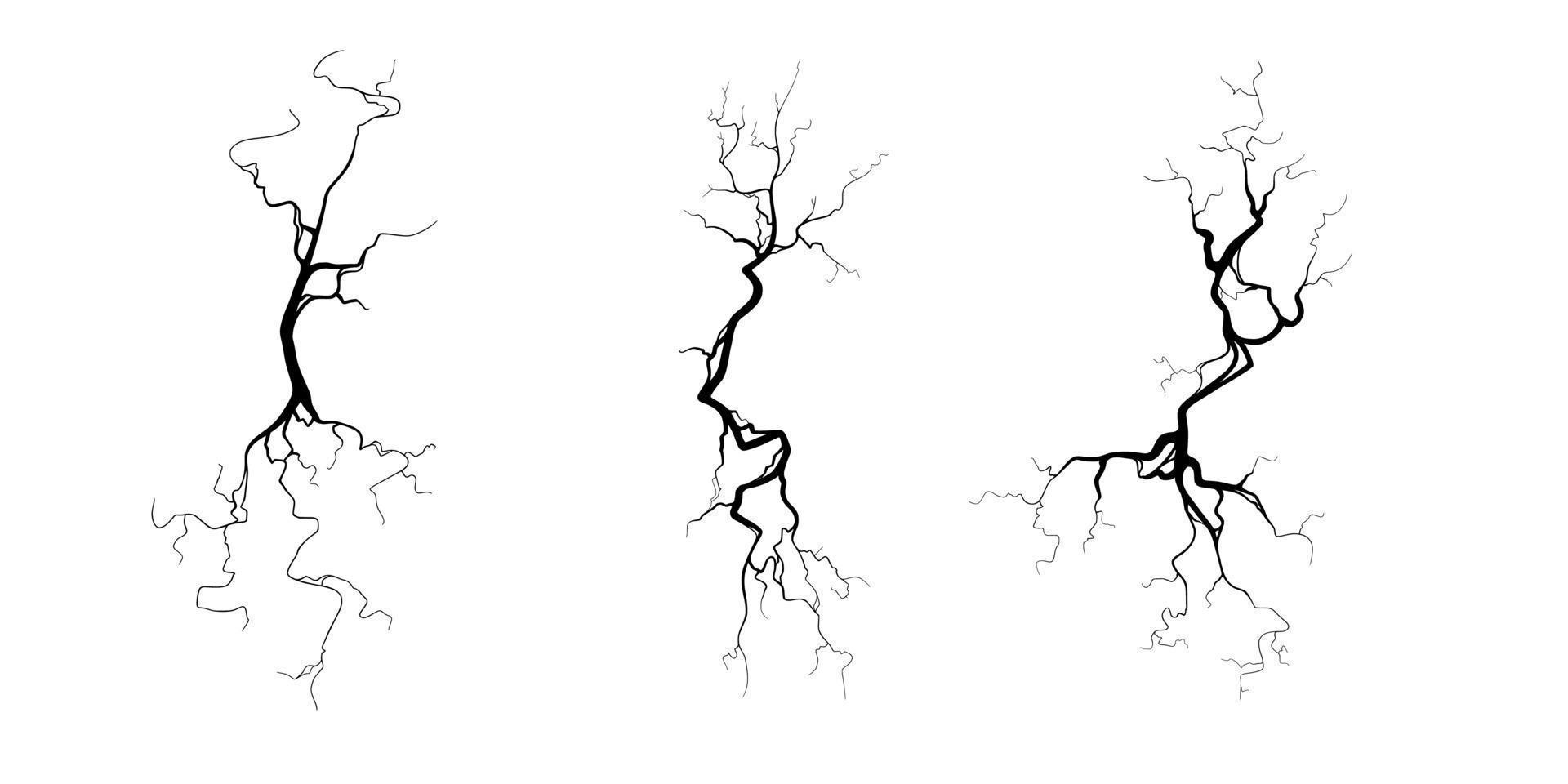 Crack on concrete or ground due to aging or drought. Set of fissures isolated in white background. Vector illustration