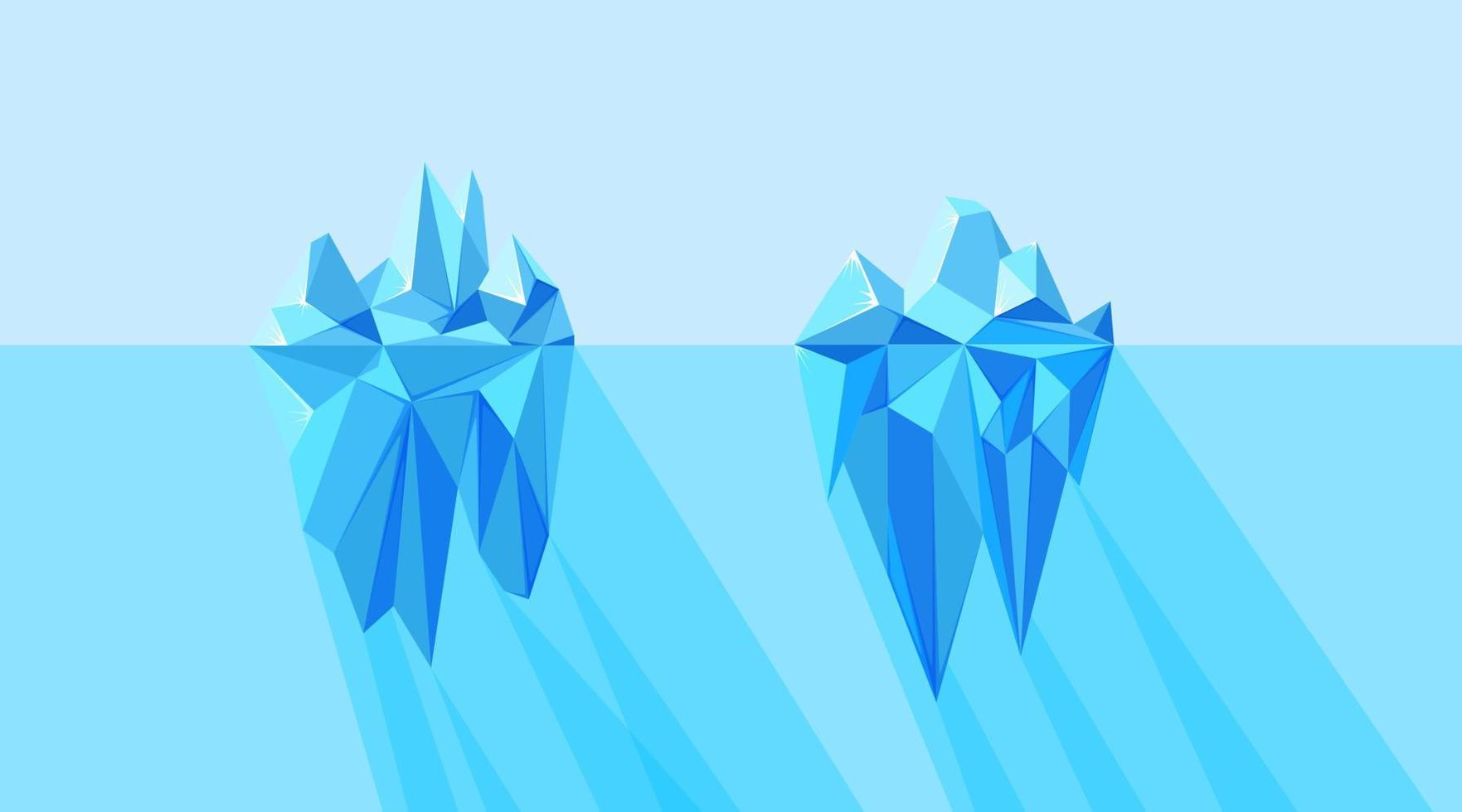 Icebergs visible and hidden parts floating in the arctic sea. North landscape with polygonal geometric iceberg. Vector illustration