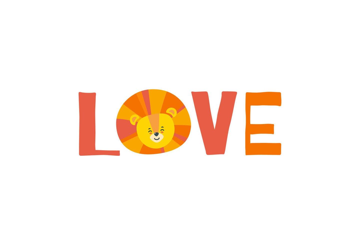 Print with the head of lion standing for O in the word love. Vector illustration