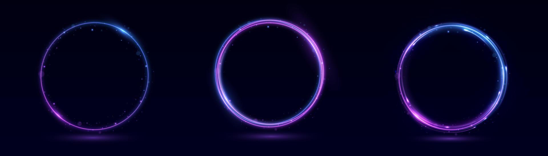 Neon swirl. Curve blue line light effect. Abstract ring background with glowing swirling background. Energy flow tunnel. Blue portal, platform. Magic circle vector. Round frame with light effect vector