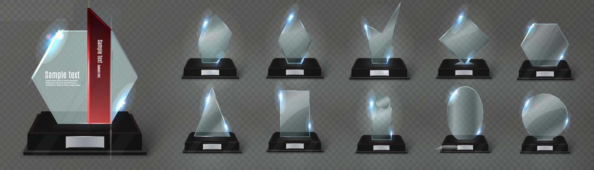 Empty glass trophy. Glossy trophy for award. Realistic empty illustration. Black booth 3D. Vector crystal trophy for winner and achievements. Cup for the champion.