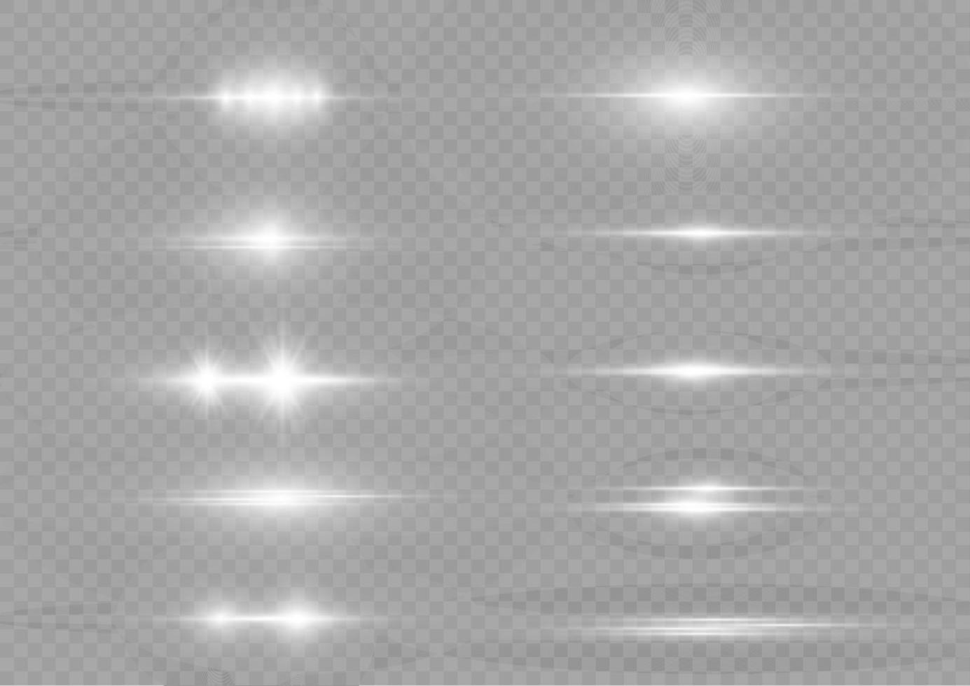 paquete de destellos de lentes horizontales blancos. rayos láser, rayos de luz horizontales. hermosos destellos de luz. la luz del flash con chispas de polvo de hadas brillan las estrellas. luz de brillo polvoriento. vector