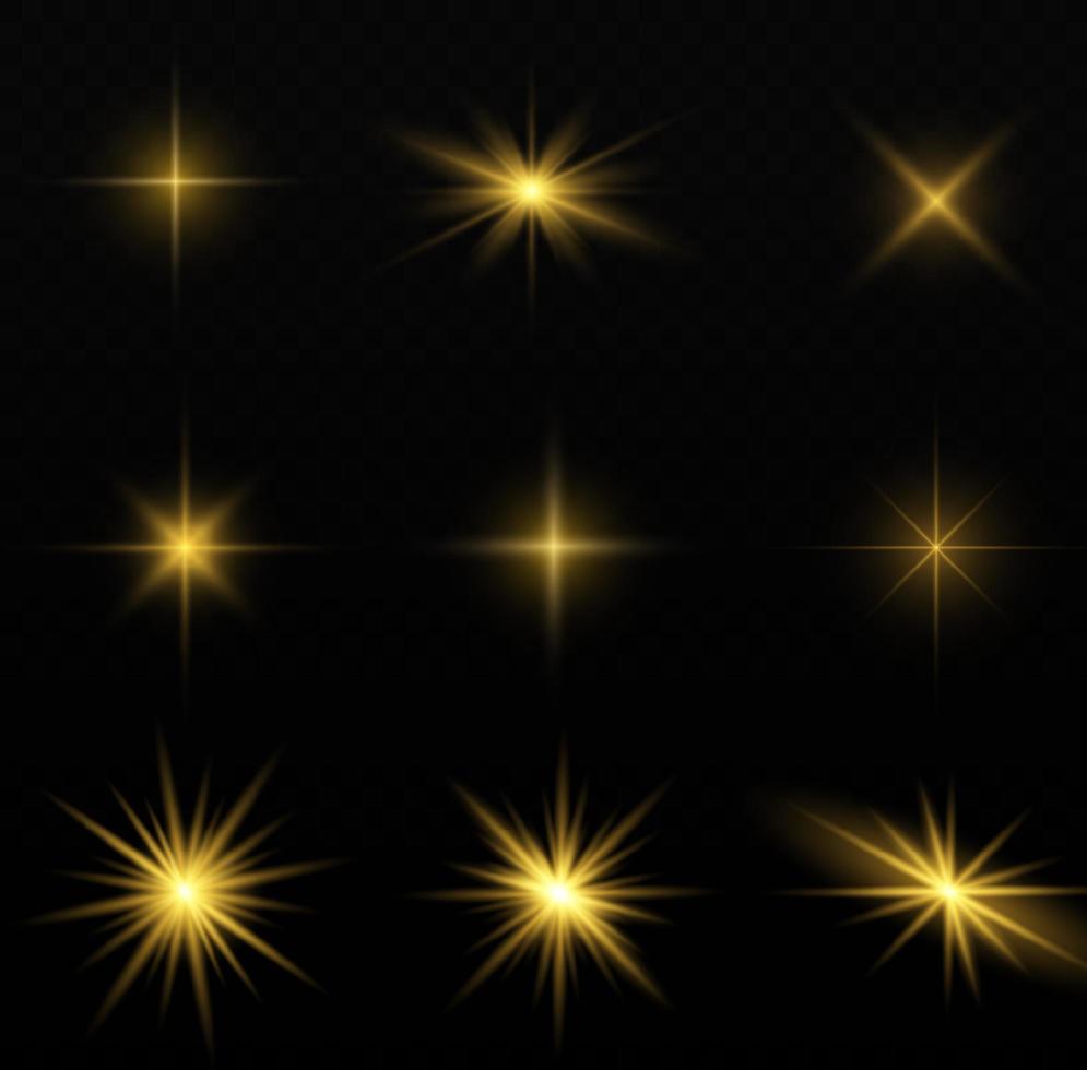 conjunto de efectos de luz aislados brillantes, destello de lente, explosión, brillo, línea, destello solar, chispa y estrellas. vector