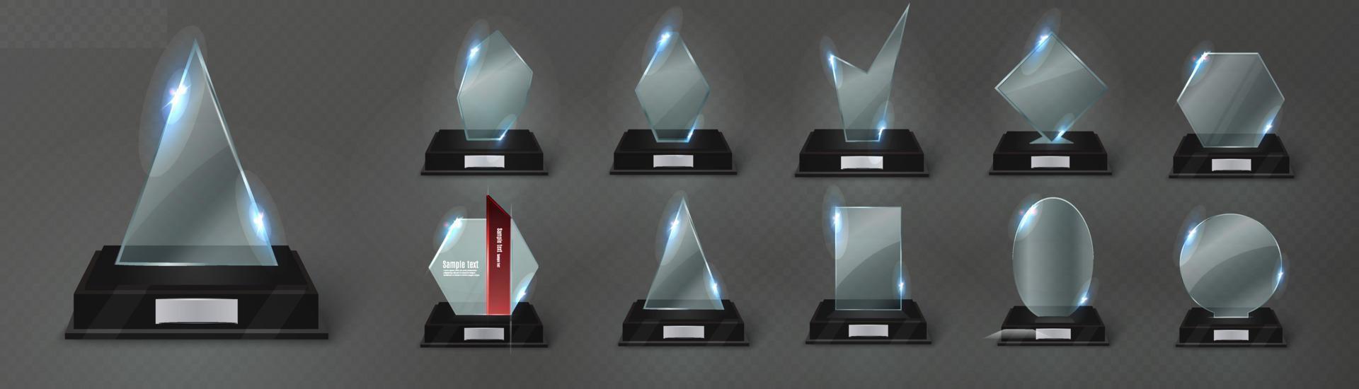 Empty glass trophy. Glossy trophy for award. Realistic empty illustration. Black booth 3D. Vector crystal trophy for winner and achievements. Cup for the champion.