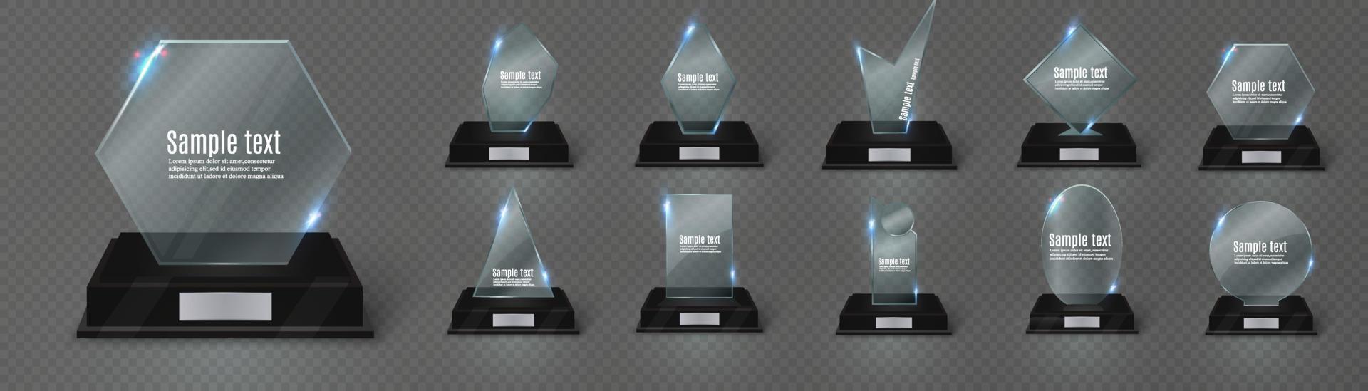 Empty glass trophy. Glossy trophy for award. Realistic empty illustration. Black booth 3D. Vector crystal trophy for winner and achievements. Cup for the champion.