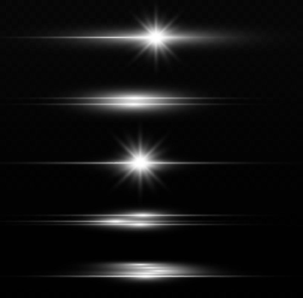 White horizontal lens flares pack. Laser beams, horizontal light rays. Beautiful light flares. Flash light with fairy dust sparks stars shine. Dusty shine light. vector