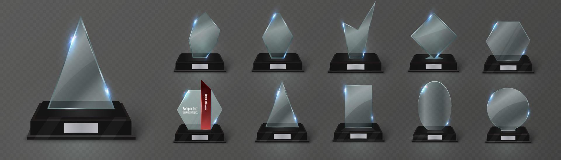 Empty glass trophy. Glossy trophy for award. Realistic empty illustration. Black booth 3D. Vector crystal trophy for winner and achievements. Cup for the champion.