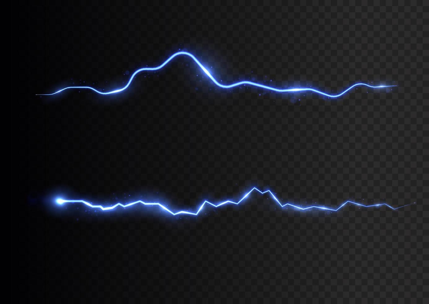 Lightning, blue color lightning strike during a night storm, electrical energy, electric shock, flash of magical energy. Powerful prospective discharge, Light Spark Storm Flash Thunderstorm. Vector