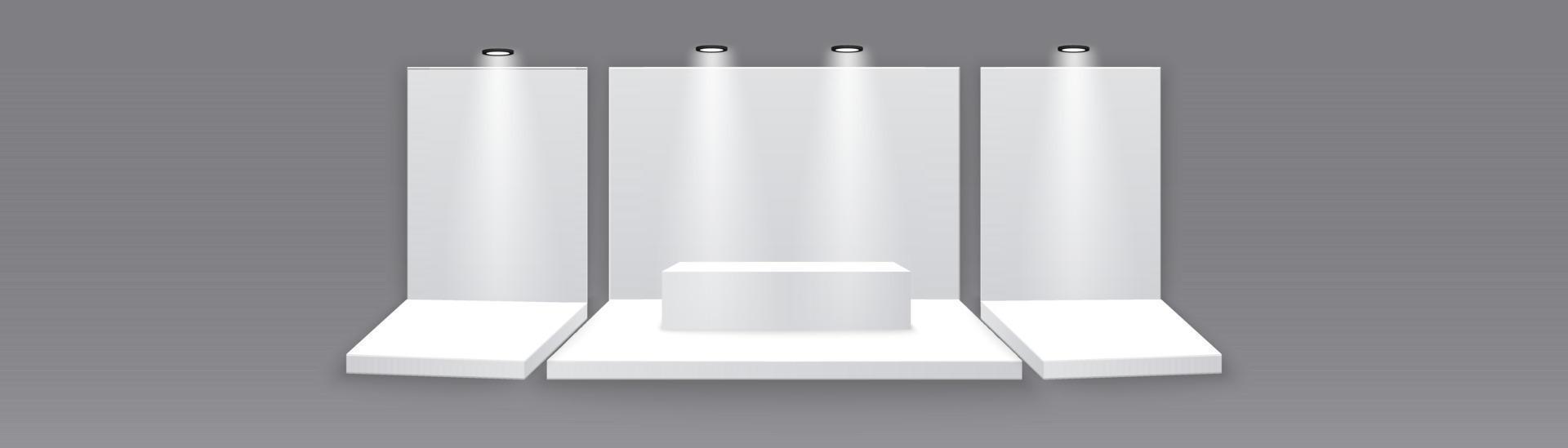 Exhibition stand. White empty advertising stand with desk. Vector white blank geometric square. Presentation room display. White creative exhibition stand design. Stand template. Corporate identity.