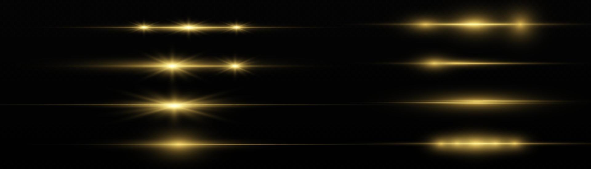Yellow horizontal lens flares pack. Laser beams, horizontal light rays. Beautiful light flares. Flash light with fairy dust sparks and golden stars shine. Dusty shine light. vector