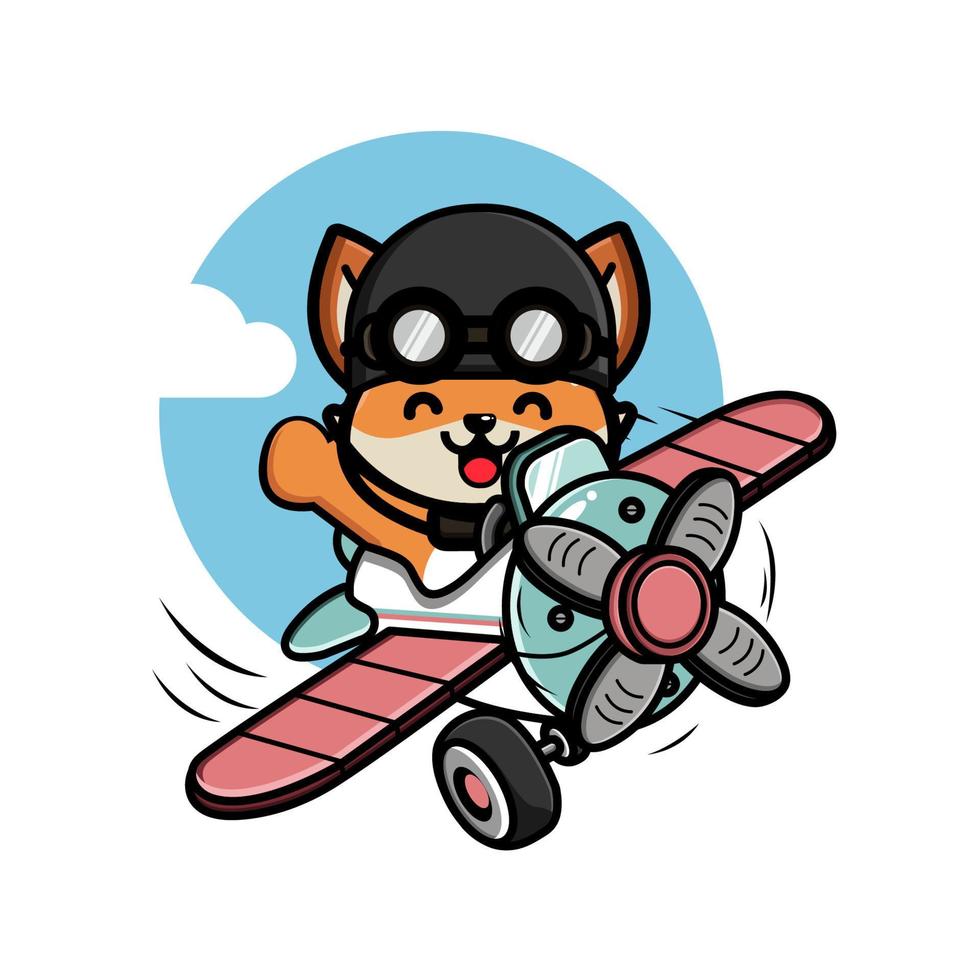 lindo pequeño zorro volando con ilustración de avión vector