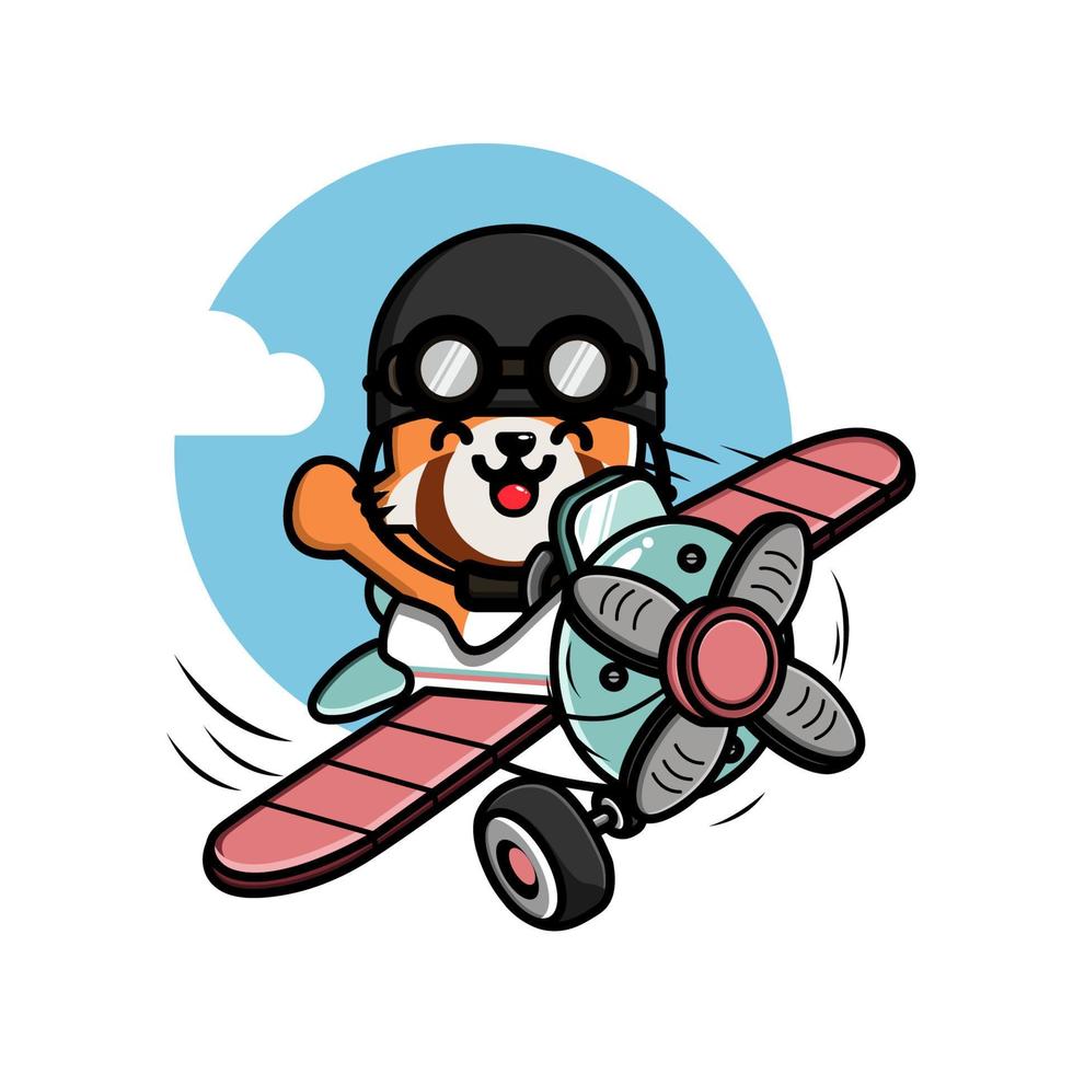 lindo pequeño panda rojo volando con ilustración de avión vector