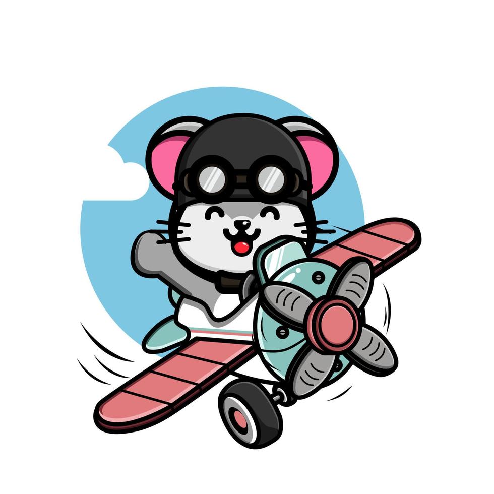 lindo ratoncito volando con ilustración de avión vector