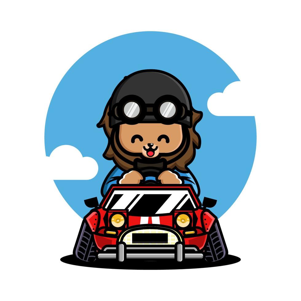 Cute lion driving a racing car vector