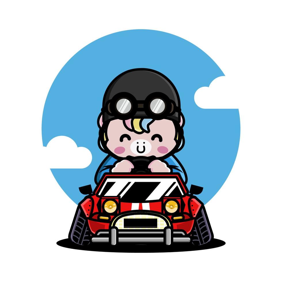 Cute unicorn driving a racing car vector