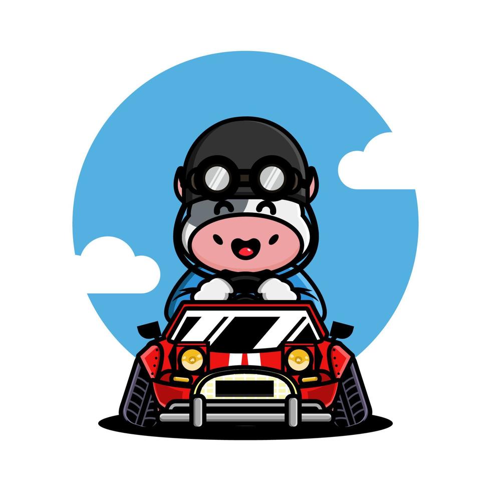 Cute cow driving a racing car vector