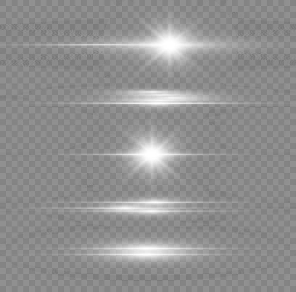 paquete de destellos de lentes horizontales blancos. rayos láser, rayos de luz horizontales. hermosos destellos de luz. la luz del flash con chispas de polvo de hadas brillan las estrellas. luz de brillo polvoriento. vector