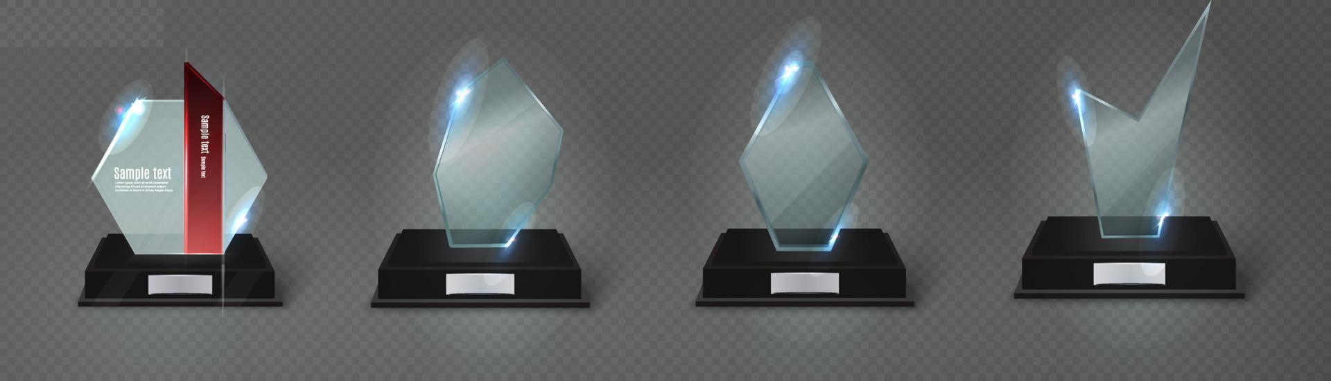 Empty glass trophy. Glossy trophy for award. Realistic empty illustration. Black booth 3D. Vector crystal trophy for winner and achievements. Cup for the champion.