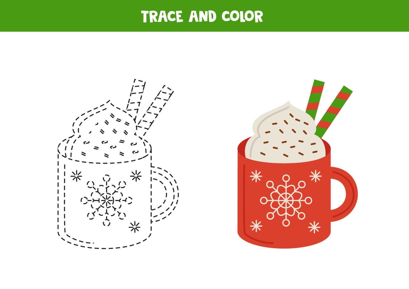 Trace and color cute cartoon cup of cacao. Worksheet for children. vector
