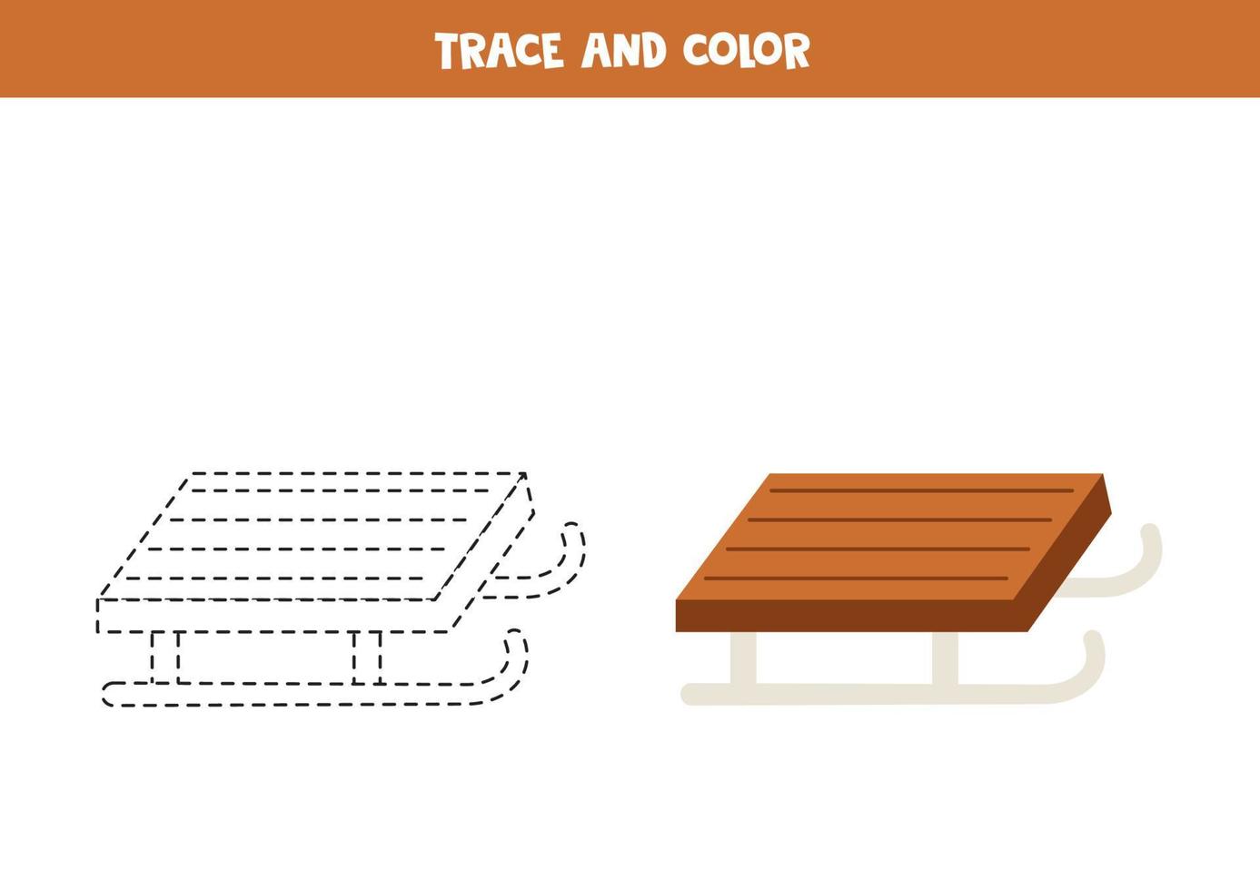 Trace and color cartoon wooden sledge. Worksheet for children. vector