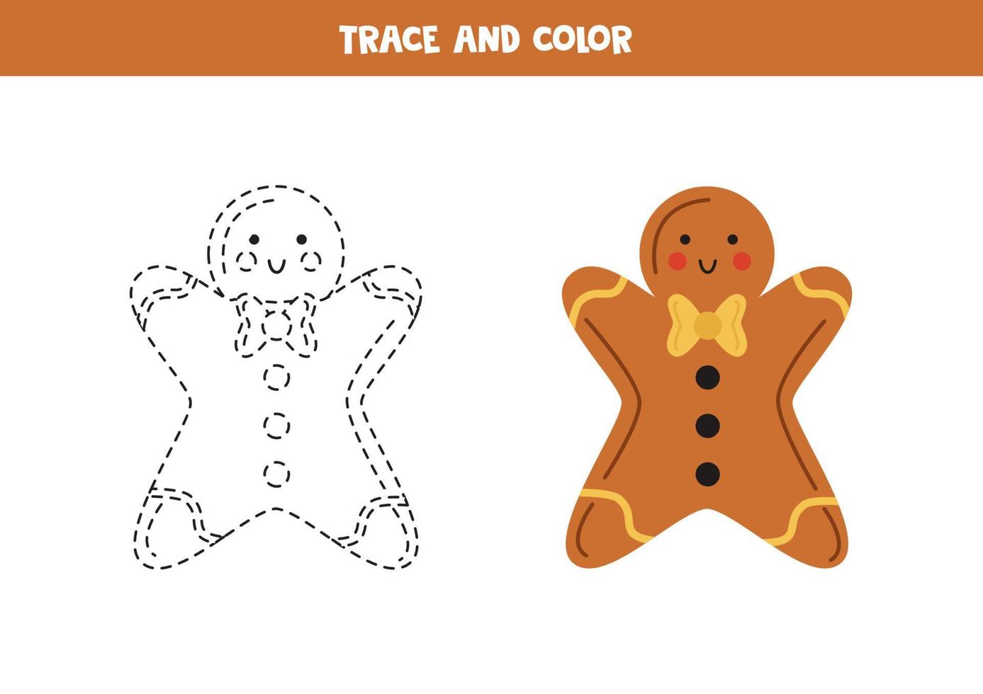 Trace and color cute gingerbread cookie. Worksheet for children. vector