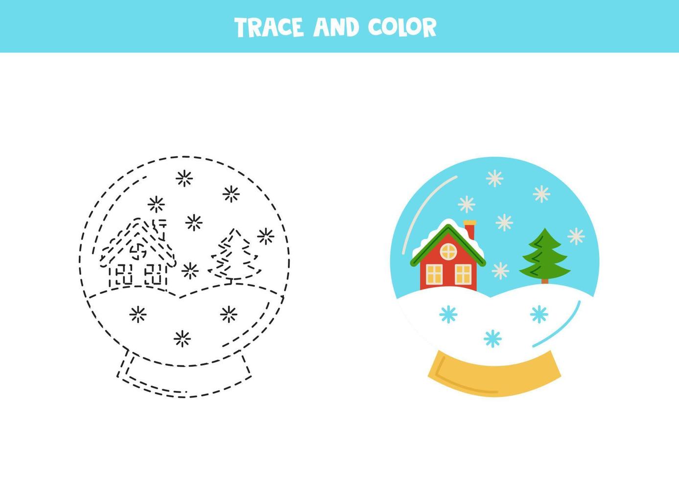 trazar y colorear linda bola de nieve navideña. hoja de trabajo para niños. vector