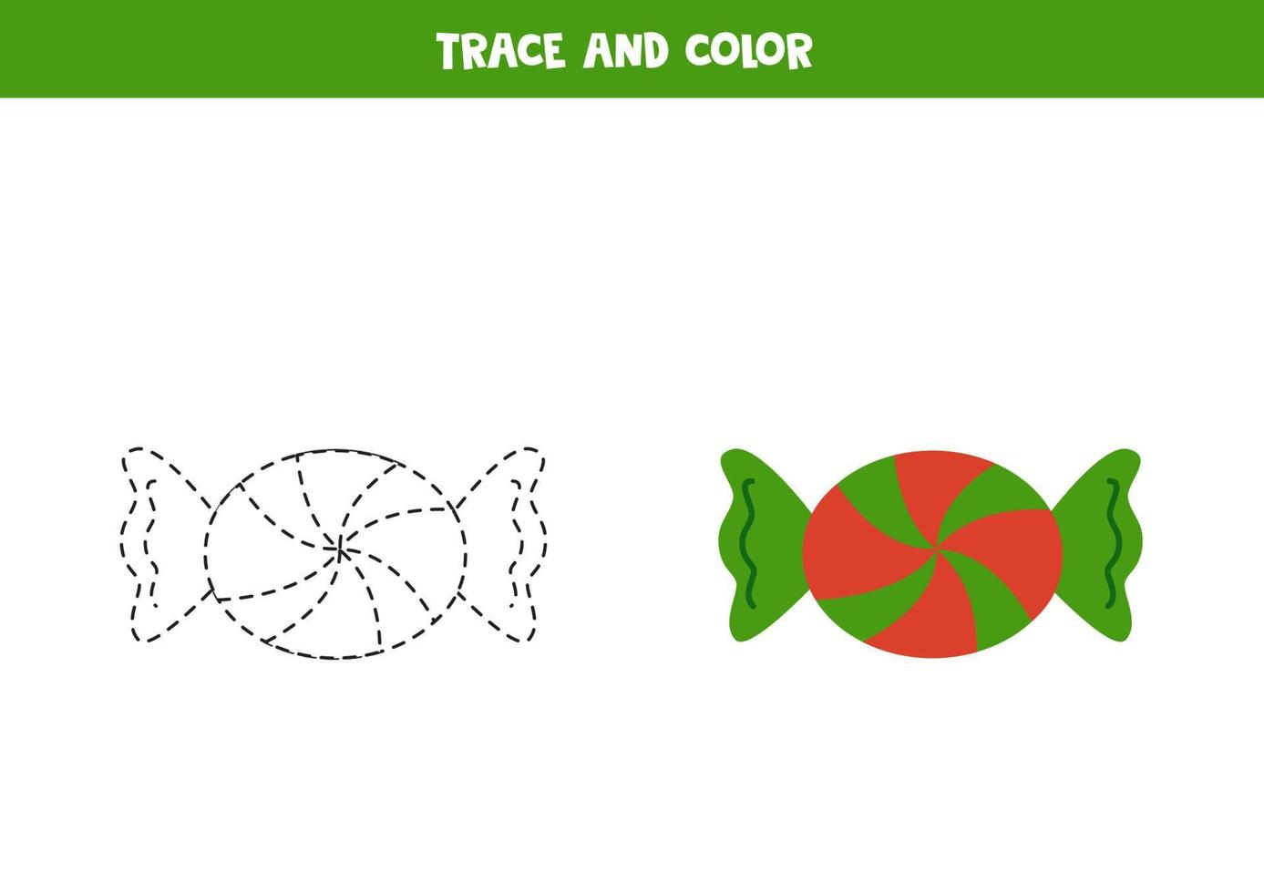 Trace and color cute cartoon Christmas candy. Worksheet for children. vector