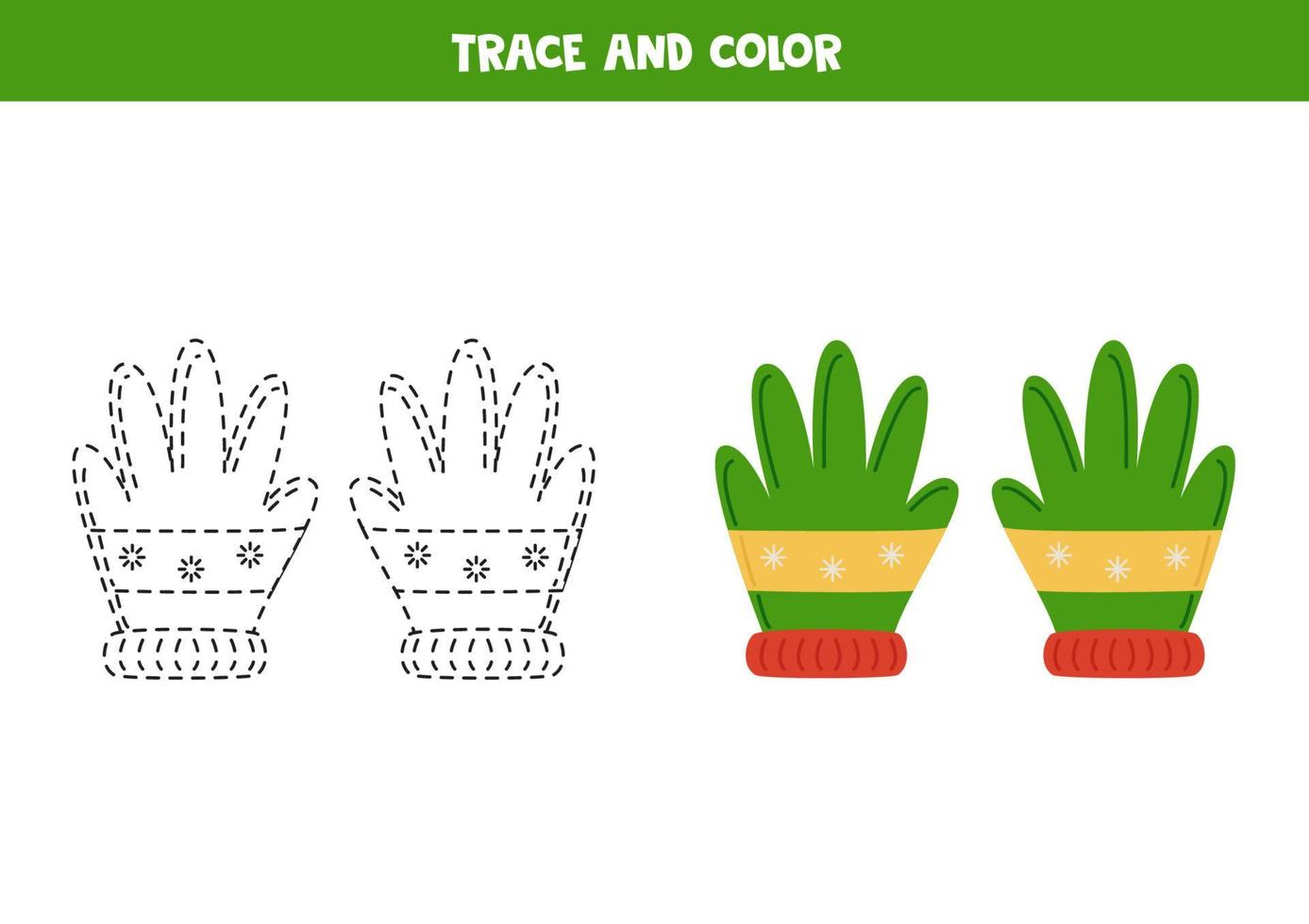 Trace and color cute winter gloves. Worksheet for children. vector