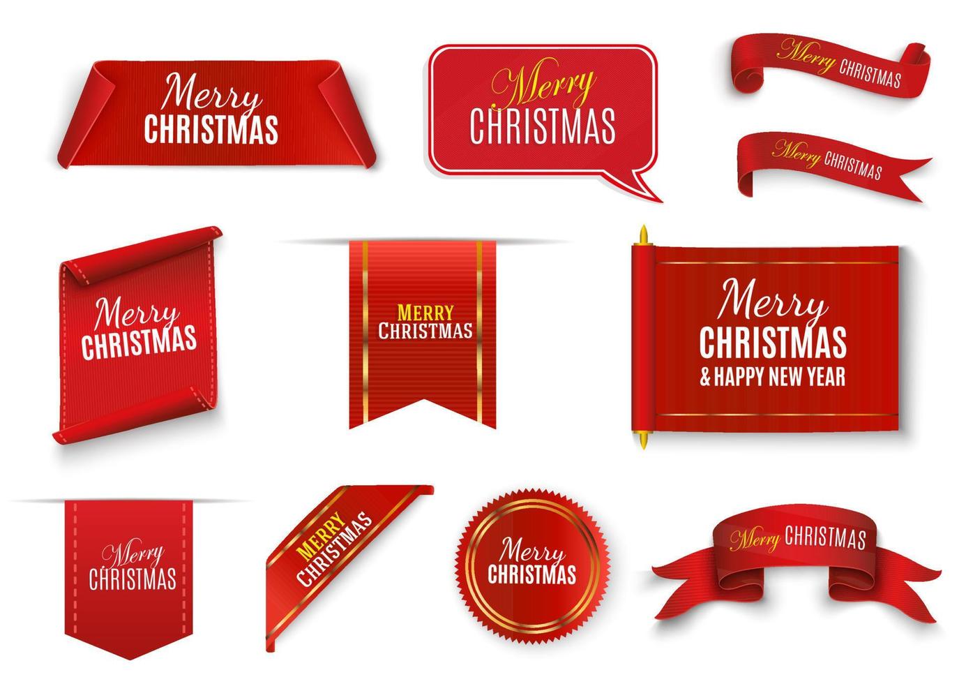 Labels Merry Christmas and Happy New Year. Red scrolls and banners isolated. Christmas scroll vector illustration, red color banner. Merry Christmas and Happy New Year label.