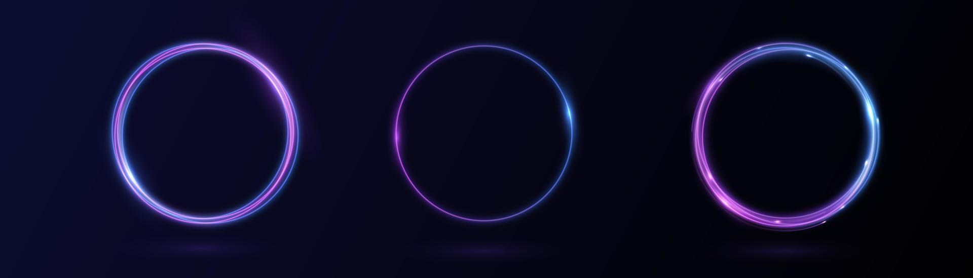 Neon swirl. Curve blue line light effect. Abstract ring background with glowing swirling background. Energy flow tunnel. Blue portal, platform. Magic circle vector. Round frame with light effect vector