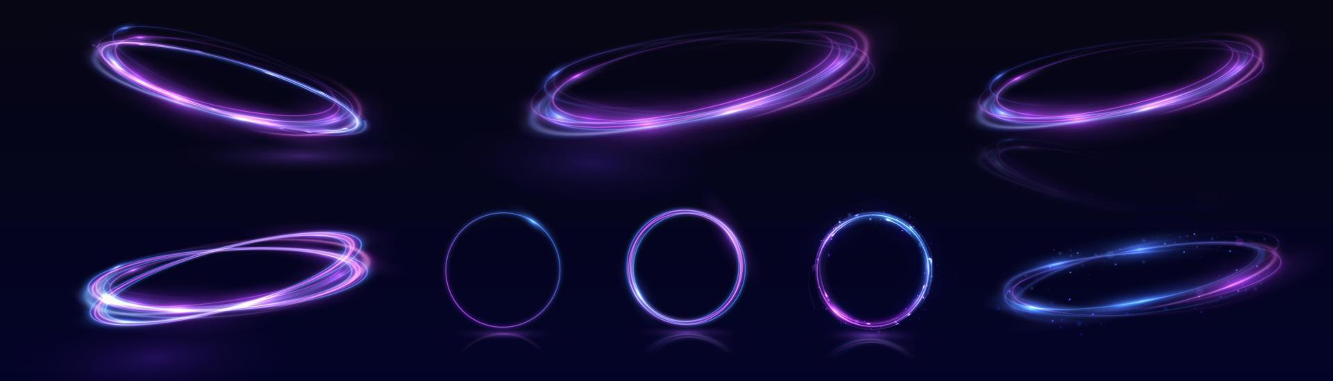 Neon swirl. Curve blue line light effect. Abstract ring background with glowing swirling background. Energy flow tunnel. Blue portal, platform. Magic circle vector. Luminous spiral. vector