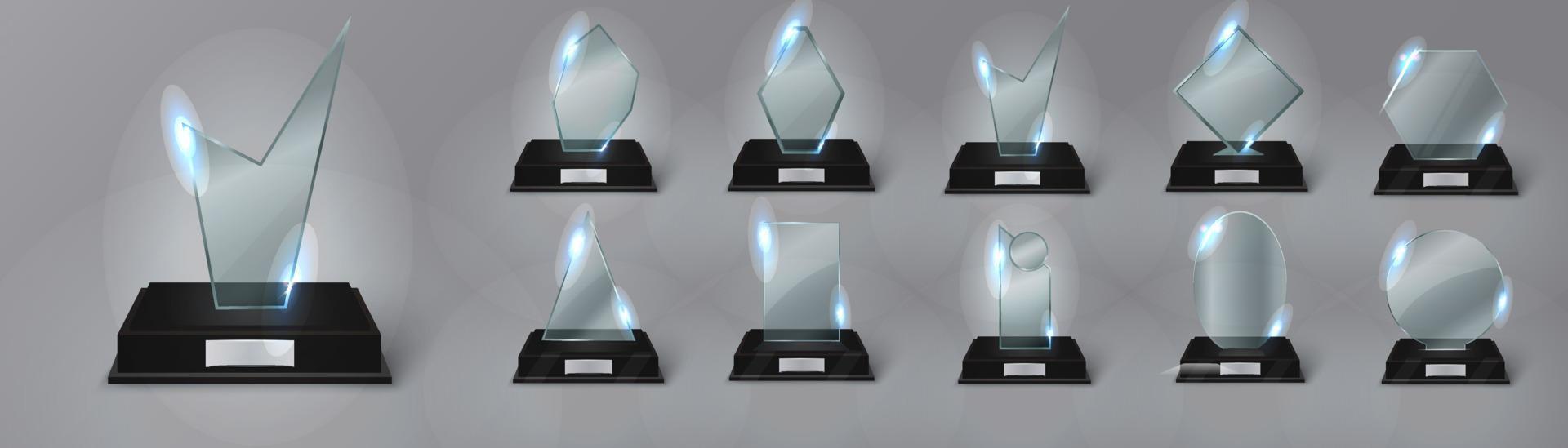Empty glass trophy. Glossy trophy for award. Realistic empty illustration. Black booth 3D. Vector crystal trophy for winner and achievements. Cup for the champion.