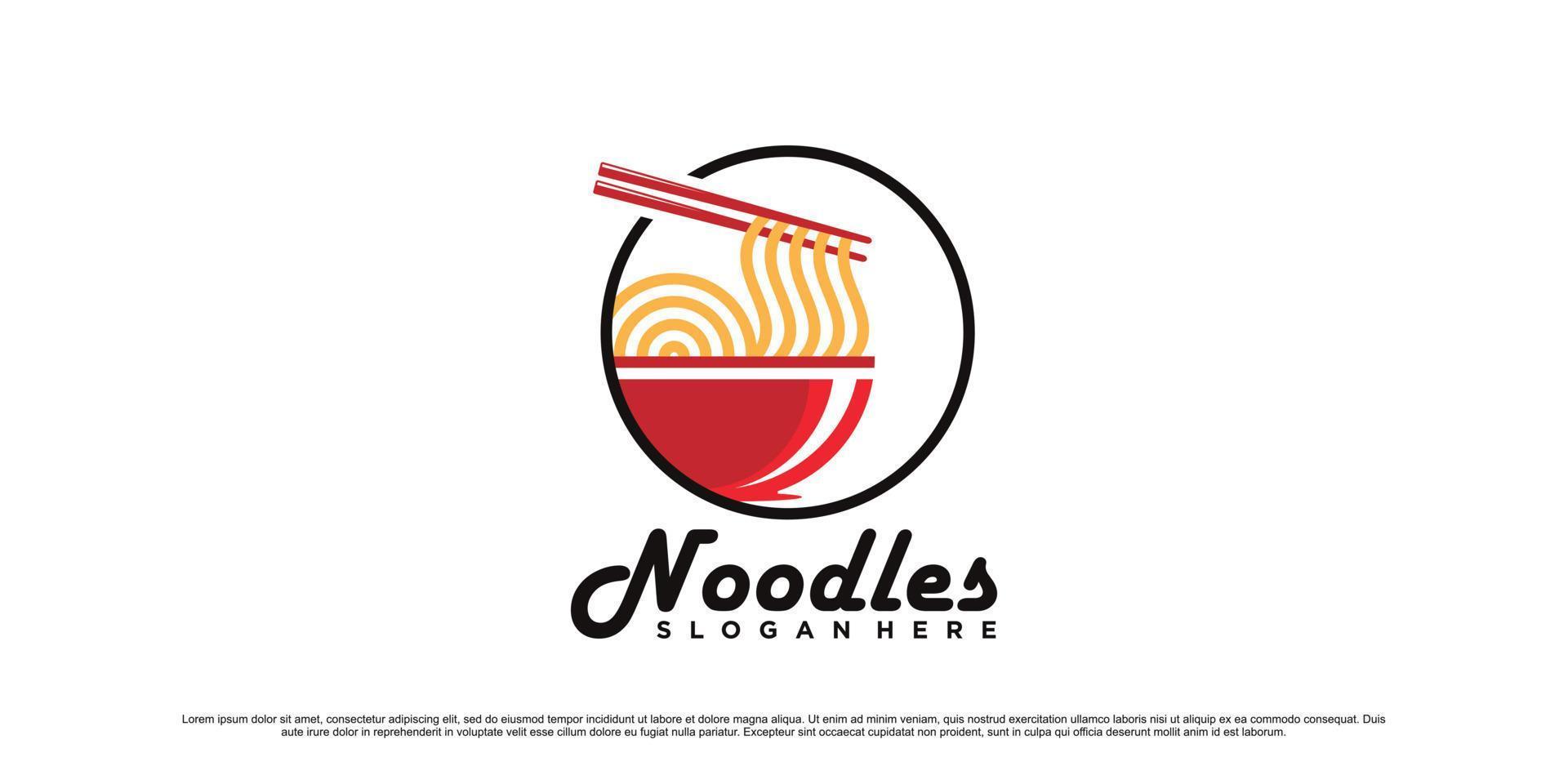 ilustración de diseño de logotipo de fideos con tazón, palillos y concepto de elemento creativo vector