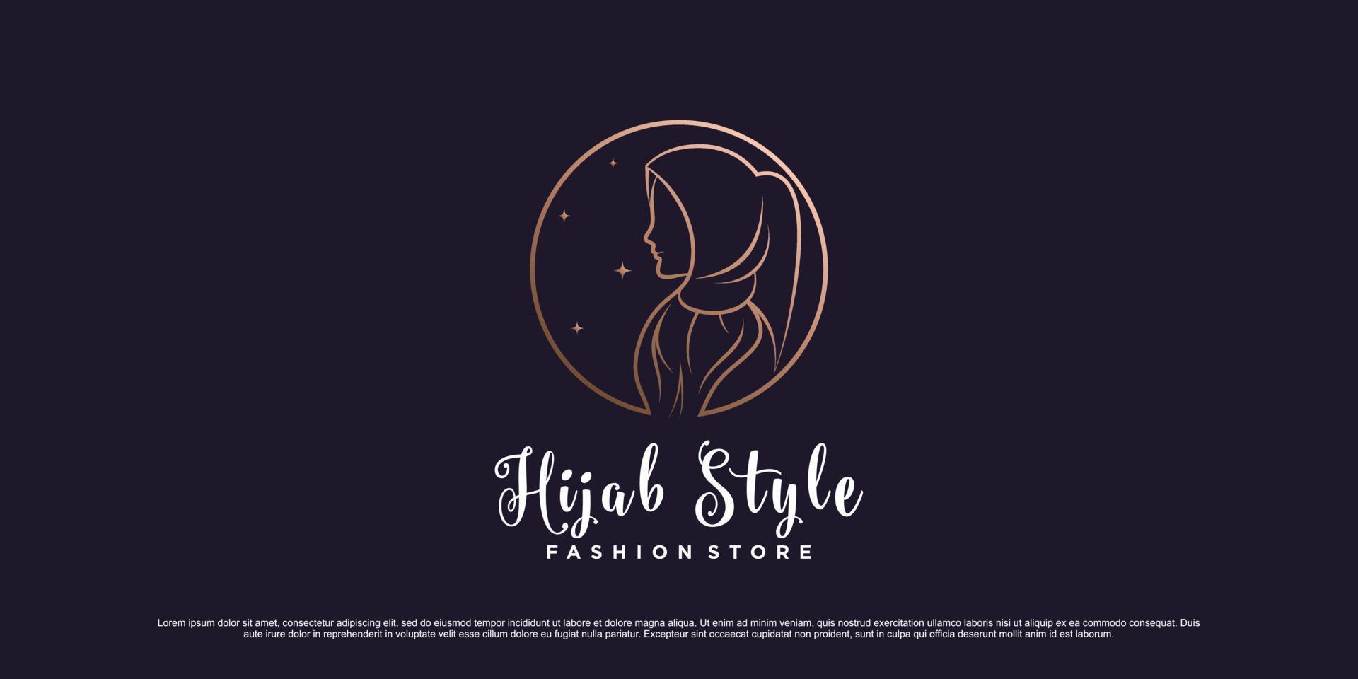 Muslim women logo design template wearing hijab with line art style and creative element vector