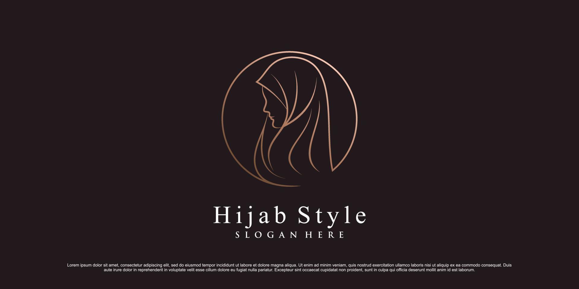 Muslim women logo design template wearing hijab with line art style and creative element vector