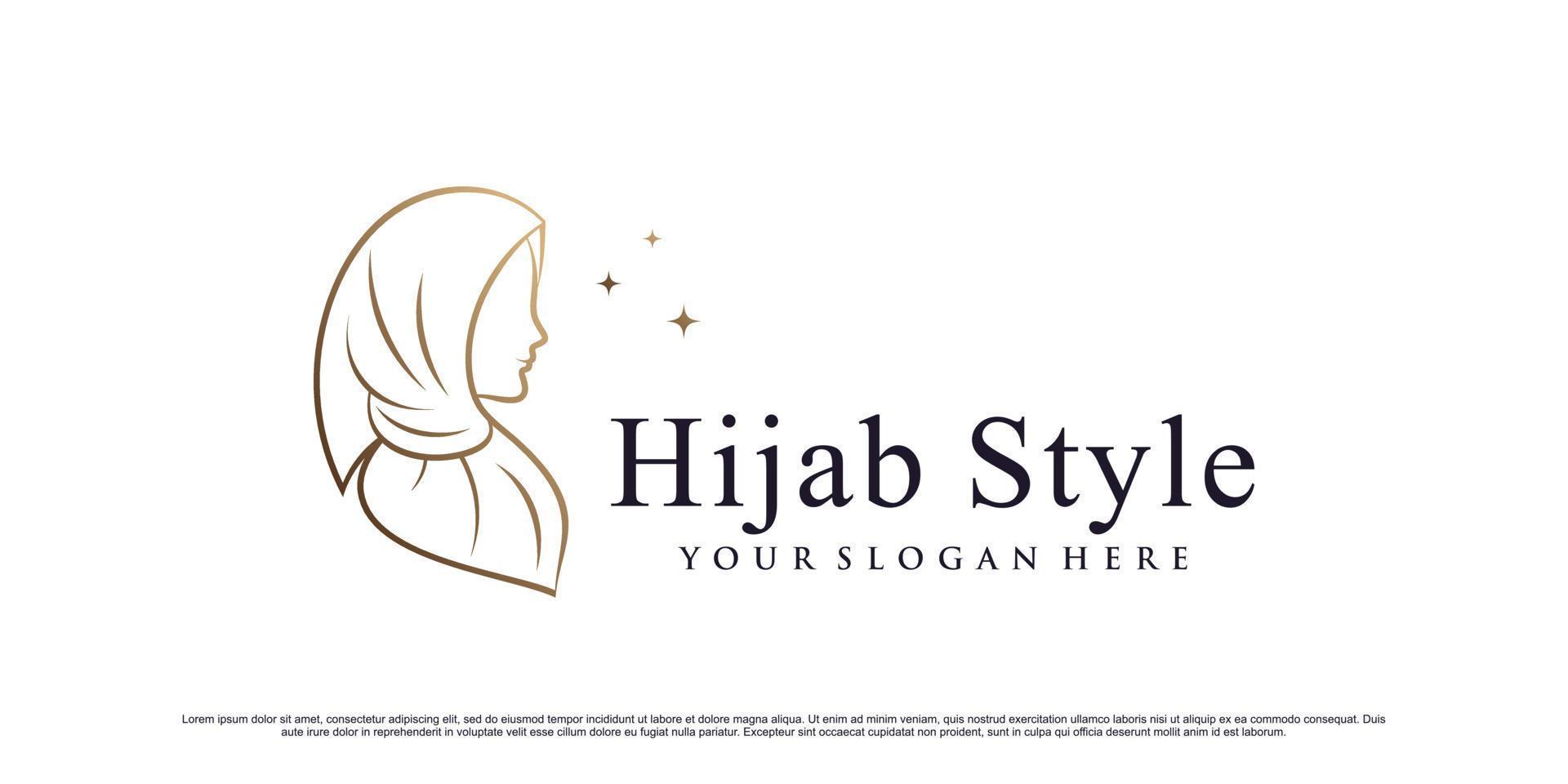 Muslim women logo design template wearing hijab with line art style and creative element vector