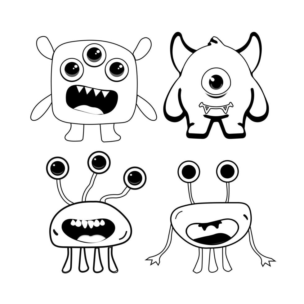 Set of pages for children's coloring book with cute monsters. White pages with contour monsters. vector