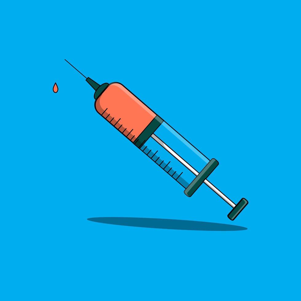 Syringe icon in flat design isolated on blue background. Needle icon, medical icon isolated, medicine vaccine, injection syringe, medical syringe vaccination, immunization vector illustration